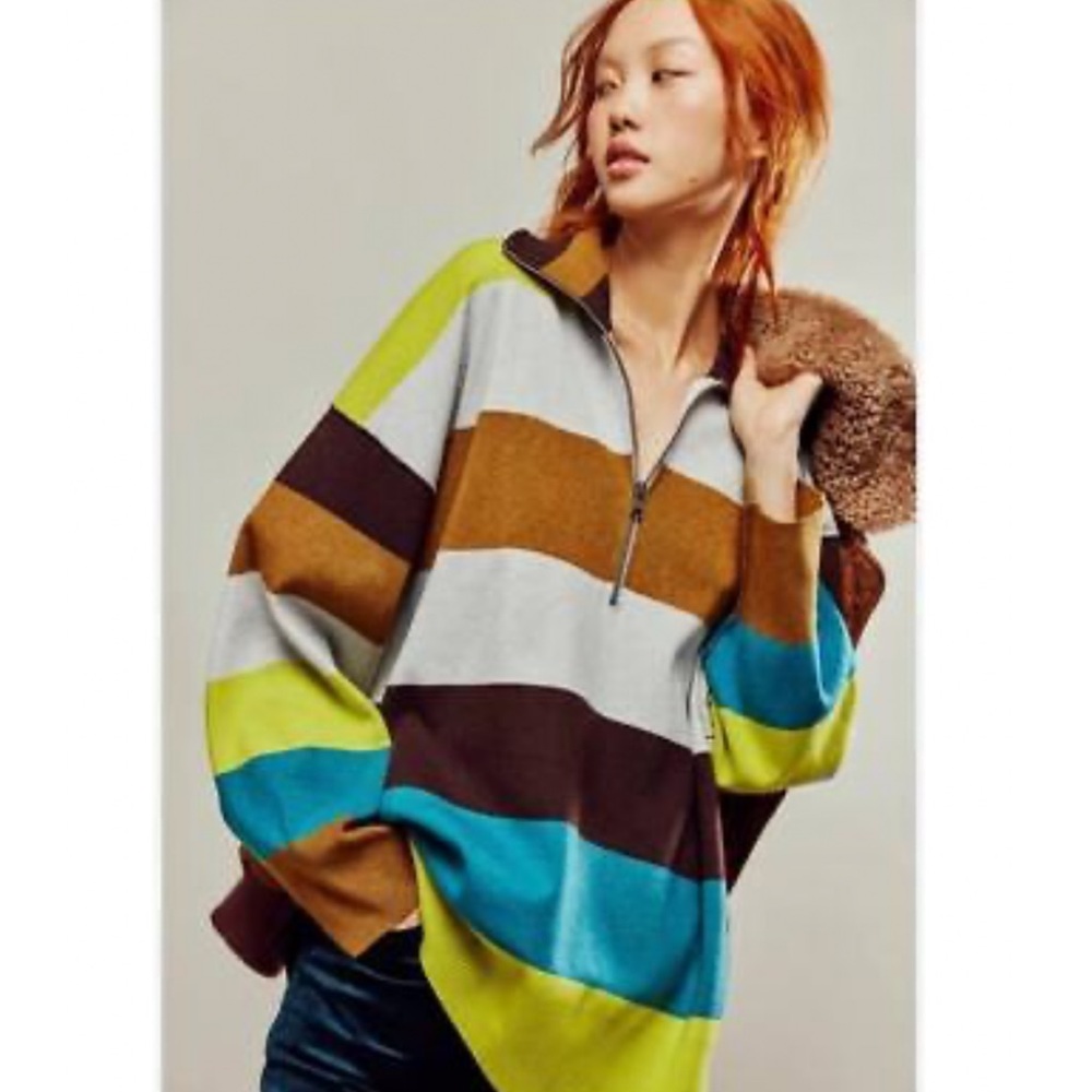 Free People Oversized Brown Green Polo Hoodie
